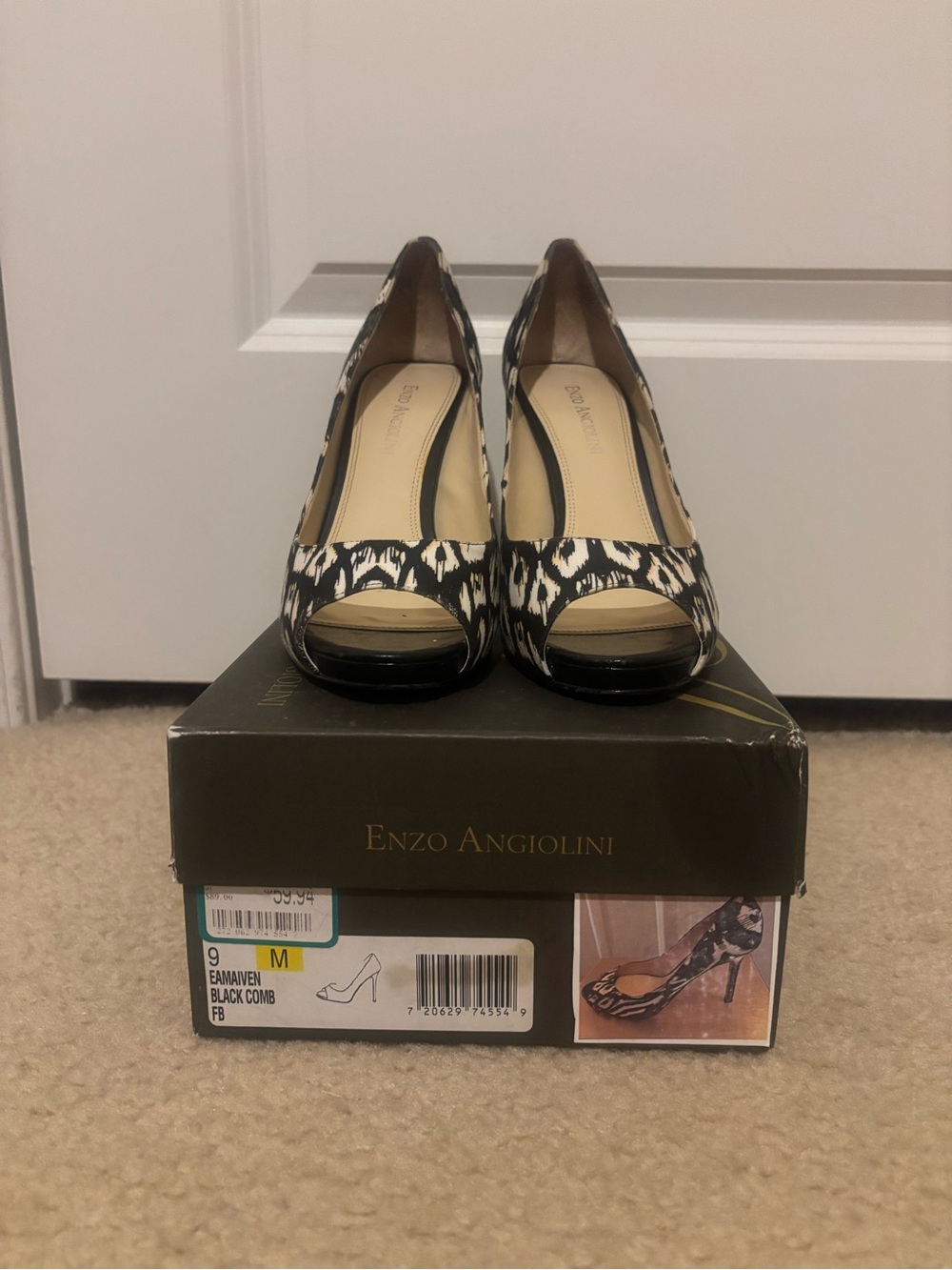 Enzo Angiolini Black & White Patterned Peep-Toe Heels